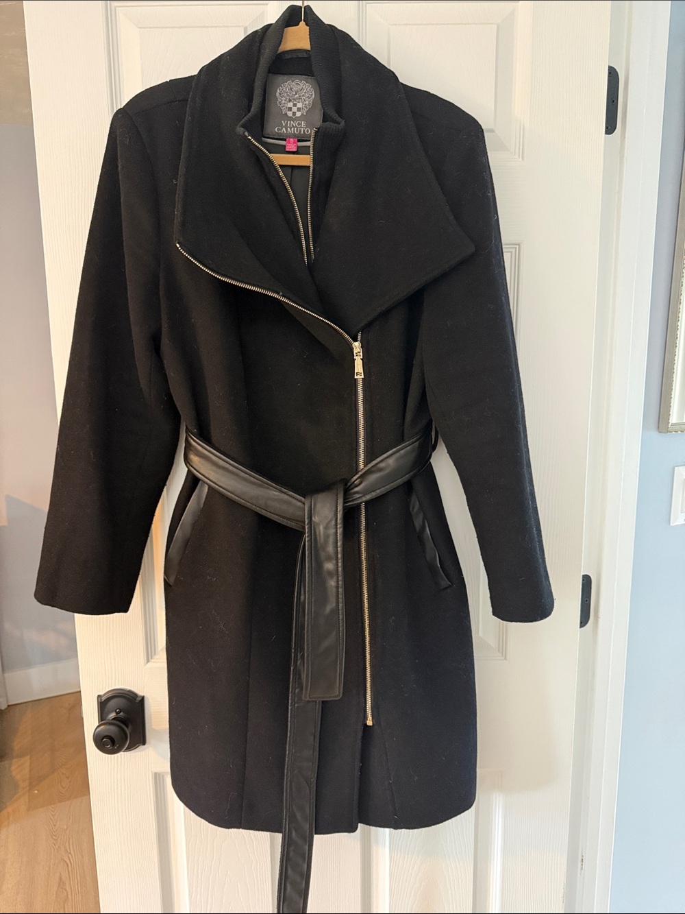 Vince Camuto Black Wool-Blend Asymmetric Zip Trench Coat with Faux-Leather Belt